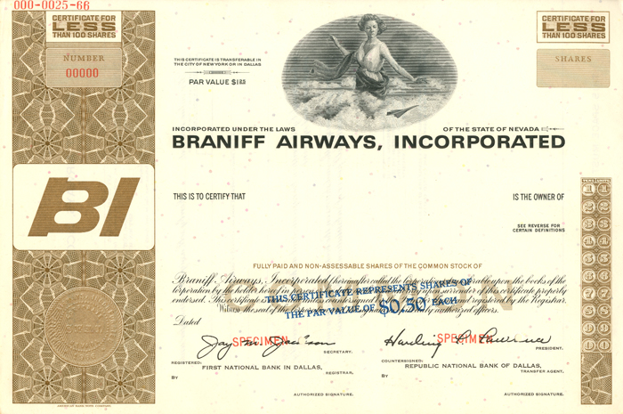 Braniff Airways, Incorporated  - Specimen Stock Certificate